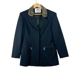 Vintage Black Wool Winter Coat Leopard Collar Quiet Luxury Parisian Chic 9 10